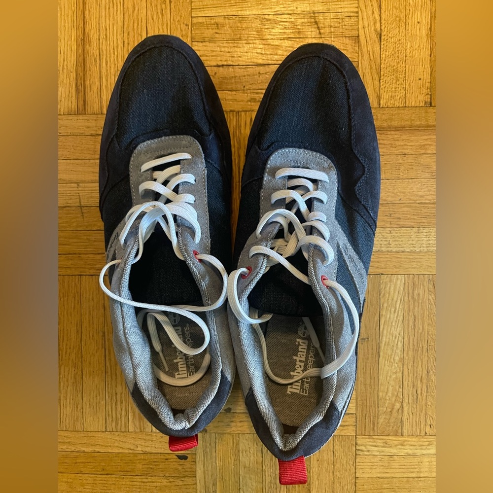 Barely-worn Timberland sneakers; 13 M, feels like 12.5; Denim/Leather; washed